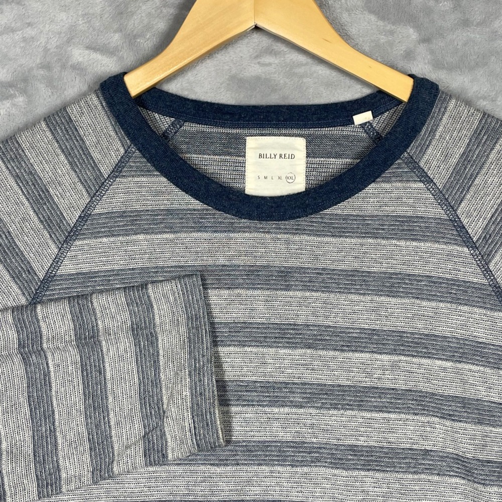 Billy Reid Mens XXL Blue Grey Striped Raglan Long Sleeve Crewneck Shirt